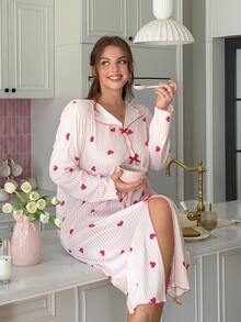 Slumberry CURVE Sweet Cute Heart Striped Colorblock Print Bow Long Sleeve Plus Size Nightgown - Pink - View 1