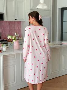 Slumberry CURVE Sweet Cute Heart Striped Colorblock Print Bow Long Sleeve Plus Size Nightgown - Pink - View 6