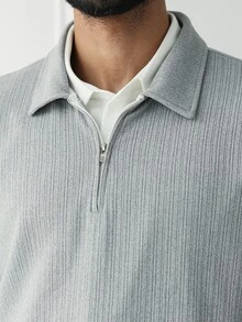 HUEFORM Men's Grey Polo Shirt, Slim Fit Zipper Style, Old Money Style Striped Fleece Fabric, Autumn/Winter - Grey - View 3