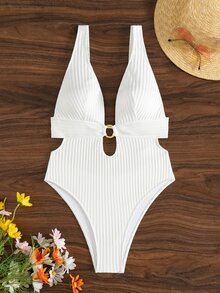 SHEIN Swim New Summer Solid Color Textured Fabric Ring V-Neck Backless Strap Beach Resort One-Piece Swimsuit - White - View 7