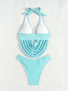 SHEIN Swim Women's Summer Casual Beach Vacation Deep V-Neck All Black Tummy-Covering Top And Solid Color Versatile High-Cut Swim Bottoms 2 Pieces Swimwear - Baby Blue - View 4