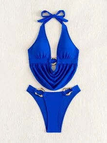 SHEIN Swim 女士深V领蓝色宽松露脐上衣搭配纯色高腰比基尼泳裤两件式泳装，休闲海滩度假 - 寶藍色 - 查看 6