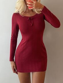 DAZY Women's Solid Color Bow Decor Long Sleeve Nightgown - Burgundy - View 4