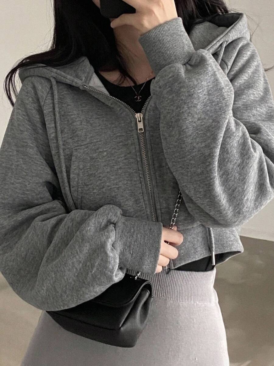 DAZY 女款短版拉鍊連帽抽繩運動衫 - 灰色 - 查看 1