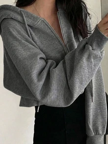 DAZY 女款短版拉鍊連帽抽繩運動衫 - 灰色 - 查看 4
