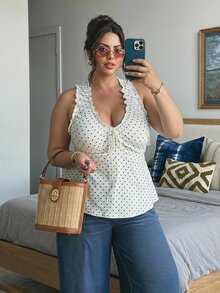 REIGN AVE Plus Size Women's Polka Dot Print Pleated V-Neck Sleeveless Casual Fitted Tank Top, Spring/Summer Graphic Tee - White - View 7