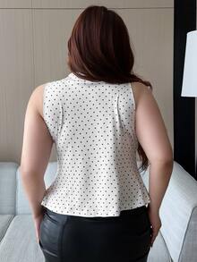 REIGN AVE Plus Size Women's Polka Dot Print Pleated V-Neck Sleeveless Casual Fitted Tank Top, Spring/Summer Graphic Tee - White - View 3