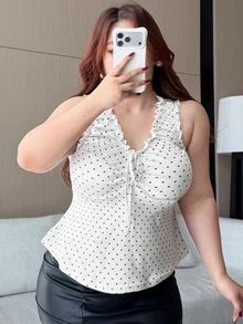 REIGN AVE Plus Size Women's Polka Dot Print Pleated V-Neck Sleeveless Casual Fitted Tank Top, Spring/Summer Graphic Tee - White - View 4