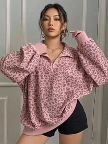 Livesso Curve 大尺碼女款豹紋半拉鍊寬鬆長袖套頭街頭風T恤 秋季連帽衫 - 粉色 - 查看 5
