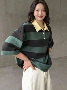 Livesso 拼色拼接寬鬆條紋 Polo 領中袖休閒 1920 年代夏季大尺碼女款 T 恤 大尺碼女款 T 恤居家外出穿搭 - Fresh Green - 查看 7