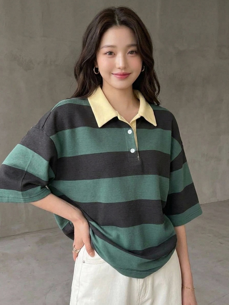 Livesso Kaos Polo Lengan Sedang Kasual Gaya 1920-an Musim Panas dengan Kerah Bergaris Longgar dan Desain Blok Warna untuk Wanita, Cocok untuk Pakaian Rumahan dan Jalan-jalan - Fresh Green - View 8