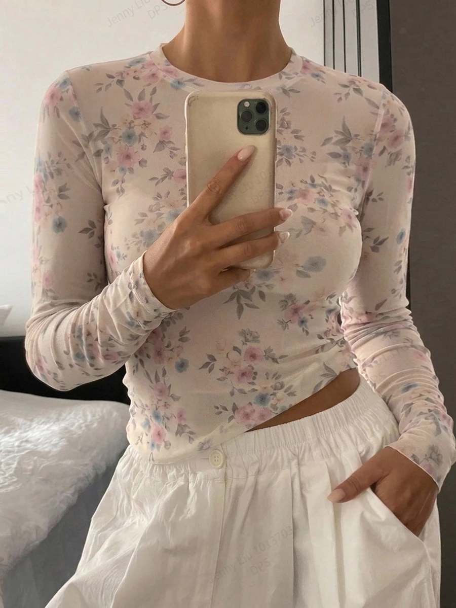 Dazy Plus Floral Print Fitted Round Neck Base Layer Top, Apricot Color, Spring/Summer/Autumn, Women's Long Sleeve Tops Graphic Tees - Apricot - View 1