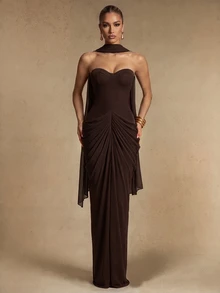 Silquee This Elegant Brown Satin Draped Dress, Featuring Bust Cup Detailing, Is An Ideal Choice For The Autumn And Winter Seasons-Perfect For Occasions - Brown - View 12