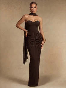 Silquee This Elegant Brown Satin Draped Dress, Featuring Bust Cup Detailing, Is An Ideal Choice For The Autumn And Winter Seasons-Perfect For Occasions - Brown - View 8