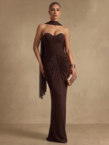 Silquee This Elegant Brown Satin Draped Dress, Featuring Bust Cup Detailing, Is An Ideal Choice For The Autumn And Winter Seasons-Perfect For Occasions - Brown - View 4