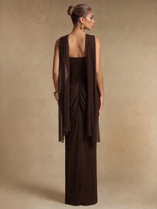 Silquee This Elegant Brown Satin Draped Dress, Featuring Bust Cup Detailing, Is An Ideal Choice For The Autumn And Winter Seasons-Perfect For Occasions - Brown - View 3