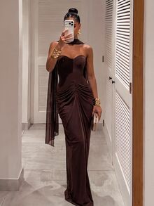 Silquee This Elegant Brown Satin Draped Dress, Featuring Bust Cup Detailing, Is An Ideal Choice For The Autumn And Winter Seasons-Perfect For Occasions - Brown - View 2
