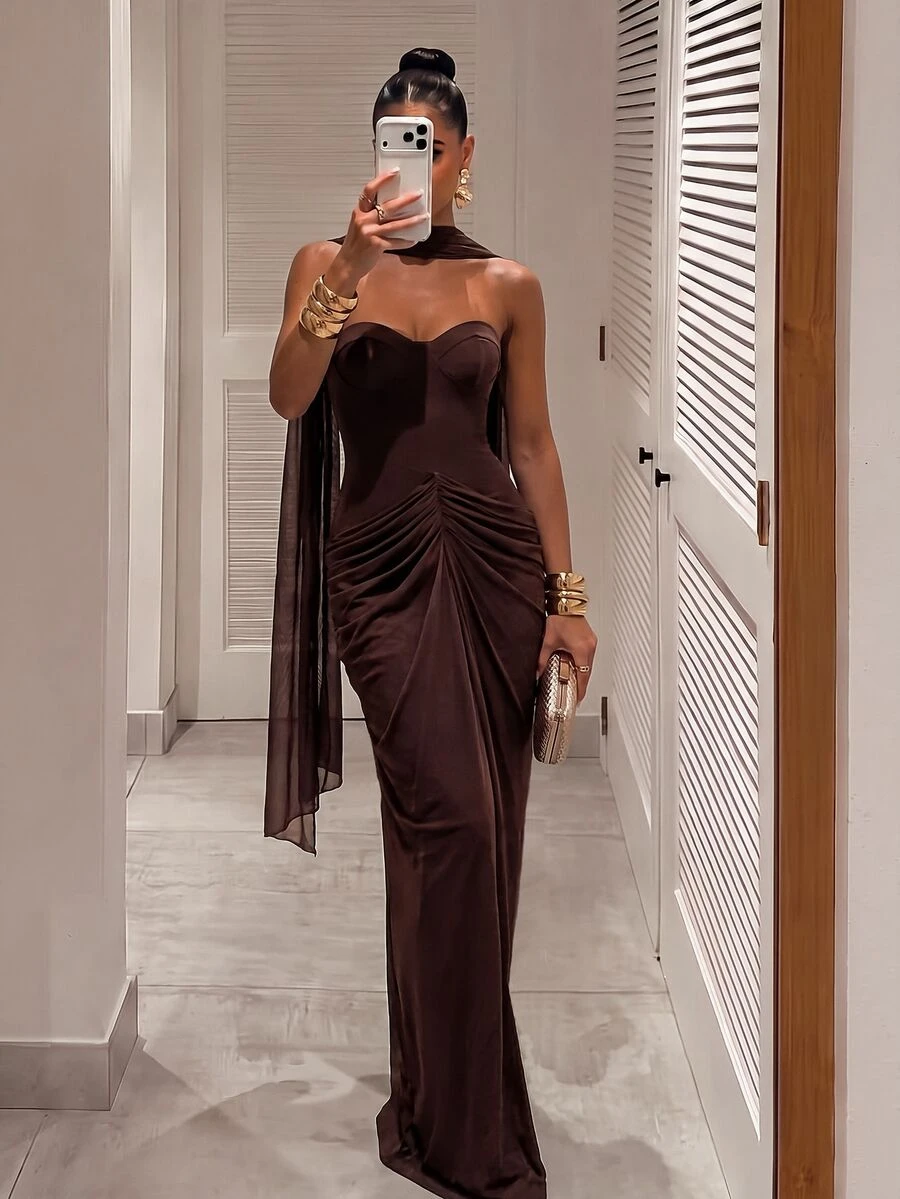 Silquee This Elegant Brown Satin Draped Dress, Featuring Bust Cup Detailing, Is An Ideal Choice For The Autumn And Winter Seasons-Perfect For Occasions