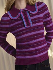 Nöista Fuchsia Striped Knit Top Large Collar,Ruffles, Fit.Warm, Sweet, Playful Preppy. Dates, Party,Versatile Inner Layer.Fall/Winter,Elegant,Cute,Going Out - Red Violet - View 6