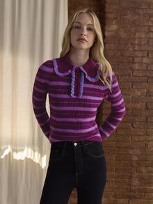 Nöista Fuchsia Striped Knit Top Large Collar,Ruffles, Fit.Warm, Sweet, Playful Preppy. Dates, Party,Versatile Inner Layer.Fall/Winter,Elegant,Cute,Going Out - Red Violet - View 3