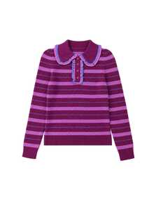 Nöista Fuchsia Striped Knit Top Large Collar,Ruffles, Fit.Warm, Sweet, Playful Preppy. Dates, Party,Versatile Inner Layer.Fall/Winter,Elegant,Cute,Going Out - Red Violet - View 7