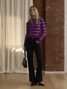 Nöista Fuchsia Striped Knit Top Large Collar,Ruffles, Fit.Warm, Sweet, Playful Preppy. Dates, Party,Versatile Inner Layer.Fall/Winter,Elegant,Cute,Going Out - Red Violet - View 4