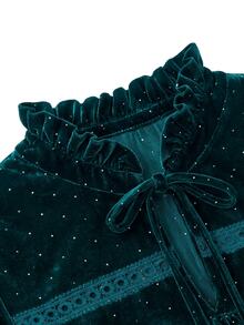 Nöista Women's Blouse In Velvet Green Fabric, With Front Tie Cord And Mini Ruffle Front Detail, Perfect For Autumn Winter Special Occasions, Party Going Out  - Green - View 13