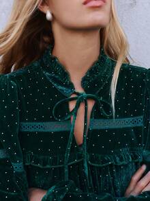 Nöista Women's Blouse In Velvet Green Fabric, With Front Tie Cord And Mini Ruffle Front Detail, Perfect For Autumn Winter Special Occasions, Party Going Out  - Green - View 8