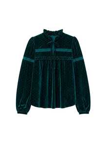 Nöista Women's Blouse In Velvet Green Fabric, With Front Tie Cord And Mini Ruffle Front Detail, Perfect For Autumn Winter Special Occasions, Party Going Out  - Green - View 9