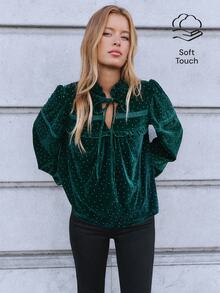 Nöista Women's Blouse In Velvet Green Fabric, With Front Tie Cord And Mini Ruffle Front Detail, Perfect For Autumn Winter Special Occasions, Party Going Out  - Green - View 3