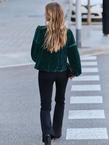 Nöista Women's Blouse In Velvet Green Fabric, With Front Tie Cord And Mini Ruffle Front Detail, Perfect For Autumn Winter Special Occasions, Party Going Out  - Green - View 7