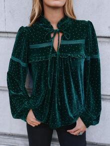 Nöista Women's Blouse In Velvet Green Fabric, With Front Tie Cord And Mini Ruffle Front Detail, Perfect For Autumn Winter Special Occasions, Party Going Out  - Green - View 4