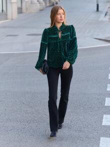 Nöista Women's Blouse In Velvet Green Fabric, With Front Tie Cord And Mini Ruffle Front Detail, Perfect For Autumn Winter Special Occasions, Party Going Out  - Green - View 2