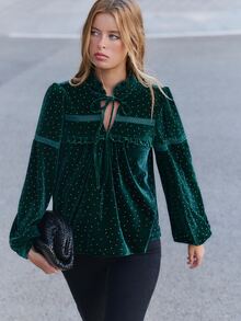 Nöista Women's Blouse In Velvet Green Fabric, With Front Tie Cord And Mini Ruffle Front Detail, Perfect For Autumn Winter Special Occasions, Party Going Out  - Green - View 5