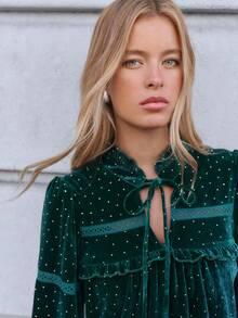 Nöista Women's Blouse In Velvet Green Fabric, With Front Tie Cord And Mini Ruffle Front Detail, Perfect For Autumn Winter Special Occasions, Party Going Out  - Green - View 6