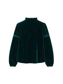 Nöista Women's Blouse In Velvet Green Fabric, With Front Tie Cord And Mini Ruffle Front Detail, Perfect For Autumn Winter Special Occasions, Party Going Out  - Green - View 10