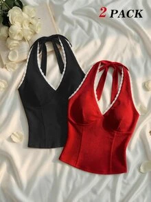 SHEIN MOD 女款拼色休閒優雅性感百搭日常穿著掛脖上衣 2件組 夜店雞尾酒會黑色紅色夏季 - 紅色和黑色 - 查看 14