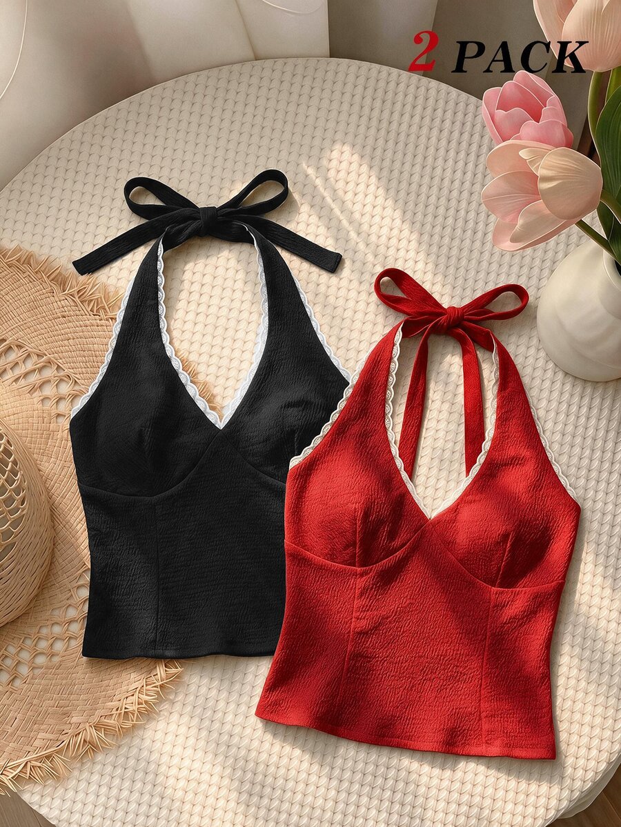 SHEIN MOD 女款拼色休閒優雅性感百搭日常穿著掛脖上衣 2件組 夜店雞尾酒會黑色紅色夏季 - 紅色和黑色 - 查看 1