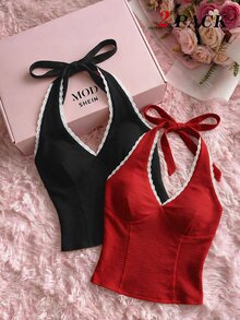 SHEIN MOD 女款拼色休閒優雅性感百搭日常穿著掛脖上衣 2件組 夜店雞尾酒會黑色紅色夏季 - 紅色和黑色 - 查看 3