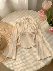 SHEIN MOD Women's Fall Elegant Cottagecore Romantic Solid Color Bell Sleeve Blouse Garden Party Picnic Vacation Brunch Cream White - Apricot - View 2