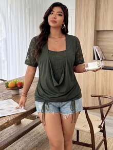Weeklong Plus Size Soft Knit Fabric Lace Patchwork Round Neck Ruffle Collar Short Sleeve 2 In 1 Hem Cinched T-Shirt Elegant Outing Date Party Vacation Mature T-Shirt - Army Green - View 3