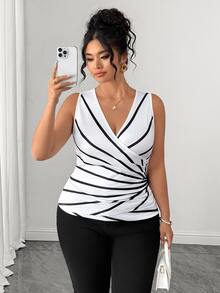 Elenzga Plus Size Women Elegant Casual Striped Criss-Cross Color Block Camisole For Work - Black and White - View 8