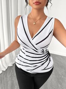 Elenzga Plus Size Women Elegant Casual Striped Criss-Cross Color Block Camisole For Work - Black and White - View 5
