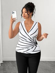 Elenzga Plus Size Women Elegant Casual Striped Criss-Cross Color Block Camisole For Work - Black and White - View 7