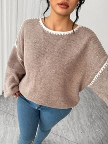 Elenzga Plus Size Casual Loose Pullover Sweater, Cozy Long Sleeve, Autumn/Winter - Khaki - View 1