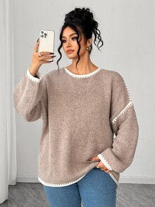 Elenzga Plus Size Casual Loose Pullover Sweater, Cozy Long Sleeve, Autumn/Winter - Khaki - View 6