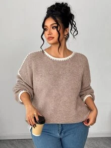 Elenzga Plus Size Casual Loose Pullover Sweater, Cozy Long Sleeve, Autumn/Winter - Khaki - View 7