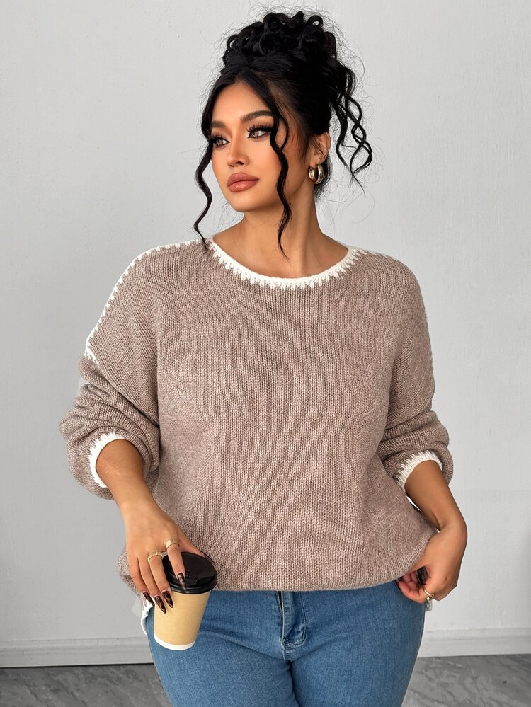 Elenzga Plus Size Casual Loose Pullover Sweater, Cozy Long Sleeve, Autumn/Winter - Khaki - View 7