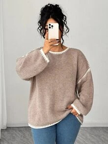 Elenzga Plus Size Casual Loose Pullover Sweater, Cozy Long Sleeve, Autumn/Winter - Khaki - View 4