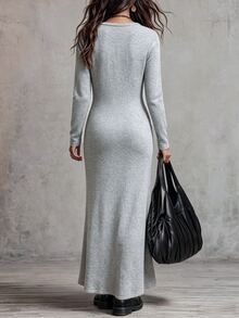 Breezaya Women's Solid Color Square Neck Long Sleeve Waist Twist Design Knit Dress - Grey - View 3
